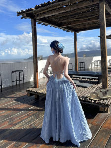 Váy Dài Không Tay Màu Xanh Biển Gợi Cảm Mùa Hè Váy Dài Chữ a Cạp Cao Không Tay Váy Mùa Hè Cho Nữ Váy Dài Không Dây Gợi Cảm