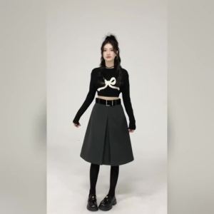 High Waist Skirt Women 2026 Autumn Winter New Arrival Woolen Skirt For Women Gray Or Black A Line Skirt Woman With Belt Hot Sale