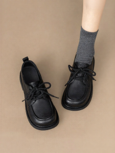Josiny | Black Low Heel Leather Shoes Lace-Up Versatile Soft Sole