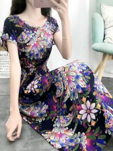 Váy Voan Lụa Mùa Hè Mới Cạp Cao Tay Ngắn Dài Vừa Phải Hoa in Thời Trang Cho Nữ Váy Dự Tiệc Váy Chữ a Xếp Ly