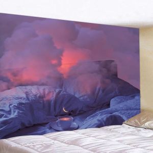 VIKAMA Pink Purple Starry Sky Cloud Sea Curved Moon Tapestry Romantic Healing Background Cloth Warm Tapestry Room Decoration