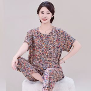 Bộ Đồ Ngủ Lụa Cotton Mùa Hè Cho Nữ Lão Hóa Mới Về Nhà Mặc Ở Nhà Dài Tay in Họa Tiết Hoa Quần Áo Ngủ Thoải Mái Thoáng Khí