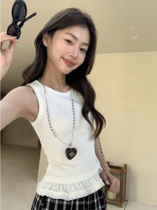 เสื้อกั๊กสายเดี่ยวสีขาวพร้อมขอบไม้ Pusumede สำหรับผู้หญิงในช่วงฤดูร้อน ดีไซน์เก๋ไก๋ แขนกุด ทรงเข้ารูป ผ้าฝ้ายผสม PU