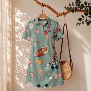 Disney | Casual Womens Disney Mickey Mouse Print Polo Collar Dress Woman Clothing Streetwear A-line Mini Dress New Anime Minnie Party