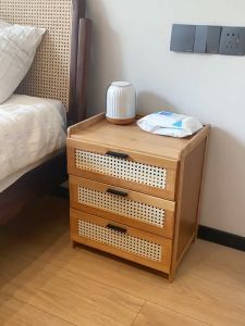 Simple Solid Wood Bedside Cabinet Light Luxury Sliding Door Type Bedside Table Drawer Storage Container Modern Practical Rattan Nightstand