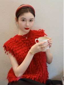 เสื้อกั๊กถักแขนกุดสีแดงแบบหลวมๆ คอตั้ง คอกลม เสื้อคลุมกันหนาวสไตล์เกาหลี เสื้อคลุมกันหนาวแบบสวมหัว