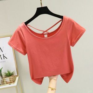 Brick Red Pure Cotton Short Sleeve T-Shirt Womens Summer 2025 Slim Fit Inner Wear Base Shirt Low Neck U Neck Back Exposed Top