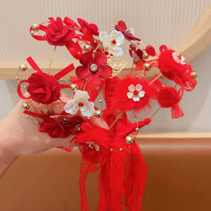 New Year Childrens Hair Accessories Girls Red Flower Plaited Headband Festive Visit Decorations Chinese Style Kids Accessories