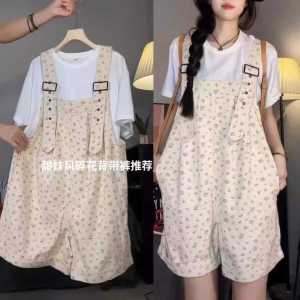Girls Loose Youthful-Looking High Waist Loose Pants Floral Summer All-Matching Jeans Small Straight Shorts Suspenders