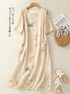 New Chinese Style Loose Cotton Linen Dress Womens Summer Fashion Elegant Atmosphere A-Line Skirt Short Sleeve round Neck