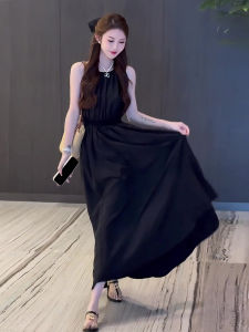 Fashionable French Style Black Baring Waist Dress Womens New Summer Slimming Small Size Long Dress Casual round Neck Sleeveless