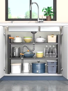 Rak Panci Wastafel Dapur Stainless Steel Bertingkat 3 - 5 Level - Rak Kolong Dapur Bawah Sinki yang Dapat Ditarik & Diperluas untuk Menyimpan Alat Memasak