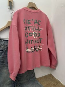 plus Size American Style Pink Letter round Neck Hoodless Sweatshirt Women Loose Slimming Overhead Shirt Fall Seasonal Wear