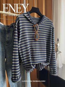 Anti-Aging College Style Womens Hoodie Long Sleeve Loose Casual Lazy Stripe Pattern Early Autumn New Fashion Cotton Top