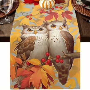 1 Piece of Autumn Owl Table Runner Painted Double Owl Autumn Leaf Red Fruit Suitable for Restaurant Home Party Natural Style Decoration Market Display.