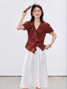 Vimly | Fashionable Casual Womens Suit Two Piece Set Ruffle Blouse Wide Leg Pants