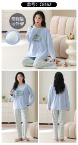 miiow | Pure Cotton Sleepwear Womens Long Sleeve Round Neck Home Clothes Cat Person Spring Autumn Style With Chest Pad Wearable Outdoors