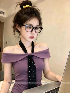 Purple One-Shoulder Polka Dot Off-Shoulder Short Sleeve T-Shirt
