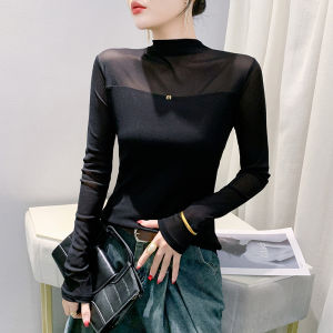 REHIN เสื้อยืดพิมพ์ลายสำหรับผู้หญิงเสื้อตาข่ายติดโบว์สำหรับฤดูใบไม้ร่วง/ฤดูหนาว