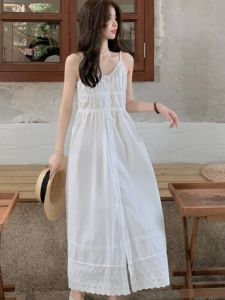 Chic Korean Style Lace Trim Halter Dress Single Button V-neck White Summer Dress Womens Fashion High Waist A-line Skirt