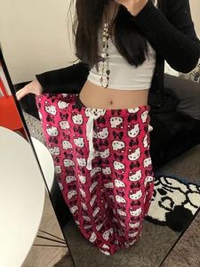 Hellokitty Casual Wide Leg Home Pants High Waist Loose Straight Cut Trousers Comfortable Sleepwear for Women