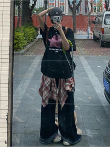 American Retro High Street Red Plaid Leather Curtain Womens Layered Wear Irregular Hem Shirt Waist Belt Outer Trendy