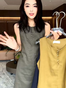 French Style plus Size Sleeveless Lin Dress Women Summer 2025 New Cotton Lin Vest Skirt Slimming Meat Covering A-Line Short Skirt