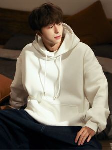100% Pure Cotton Hooded Sweaters Menswear Autumn and Winter Simplicity Solid Color Hong Kong Style Japanese-Style Retro Heavy Weight High Street Loose Tops