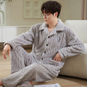 Miiow | Mens Fleece Lined Thickened Flannel Sleepwear Set Autumn Winter Home Clothes Long Sleeve Long Pants Warmth Storage Outdoor Wear