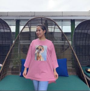 Tunik Kaos Import  Atasan Wanita Oversize Desain Dengan Motif Yg Unik Pita / Mutiara Timbul Bahak Cotton Combed 30s