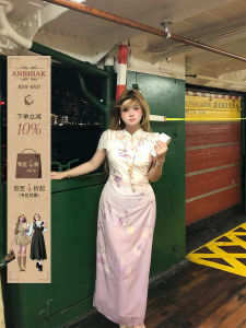 Annie Purple Lace Splicing Chiffon Qipao Dress Womens plus Size New Style Chinese Style Floral Print Short Sleeve Zipper Back