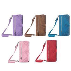 Crossbody Strap Wallet Bag 3D Emboss Flower Floral Flip Leather Case for Samsung Galaxy S24 S25 Ultra S23 S22 A17 A14 M53 A34 A56 A53 S25 FE M52 A52 Case Card Stand Holder Zipper Purse Kickstand Retractable Lanyard Shoulder Case Protective Cover