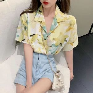 【STOCK+COD】NEW Short Sleeve Blouse For Women Floral Retro Chiffon Blouse Loose Casual Top
