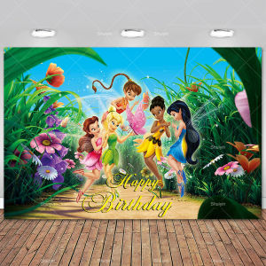 Potdemiel | Cartoon Elves Tinker Bell Backdrop Girls Birthday Decorations Party Supplies Jungle Fairy Baby Shower Banner Photo Props Gifts