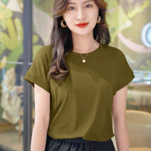 New 2024 Womens Ice Silk Short Sleeve T-Shirt round Neck Thin Summer Fashionable Top Comfortable Polyester Fiber Straight Cut