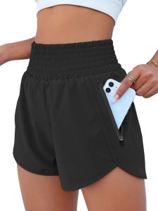 Womens High-Waist Elastic Running Shorts with Pockets Quick-Dry Exercise Sports Shorts