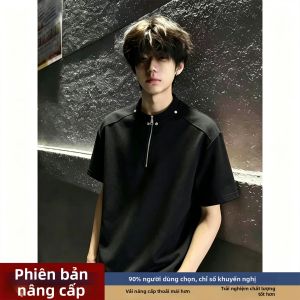 Áo Thun Phong Cách Đường Phố Black Rivet Half-zip