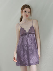 XEXZ | Silk Lace Trim Chemise Nightgown Womens Summer New Style Purple Sleepwear Home Clothes V-neck Short Sleeve Gown Pure Color