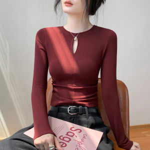 GEBEISHANG | Hollow Design Round Neck Long Sleeve T-shirt Autumn Slim Fit Inner Fleece Inner Layer Top
