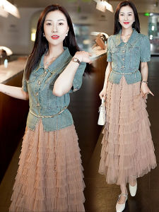 ทันสมัย สองชิ้น เดรส ชุด ผู้หญิง ฤดูร้อน รูปแบบใหม่ เรียบหรู ตาข่าย กระโปรงชั้น สูง เอว โพลีเอสเตอร์ Midi แขนสั้นไฟเบอร์ เดรส