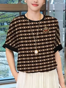 QINGNAER | Striped Contrasting Color Retro Casual T-Shirt Large Size