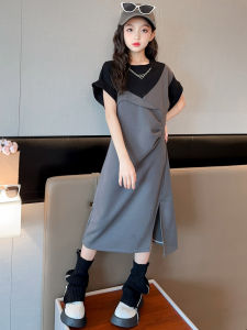 Summer Short Sleeve Dress Womens Fashion Color Block Split Long Skirt Korean Style Trendy Design A-Line Midi Dress