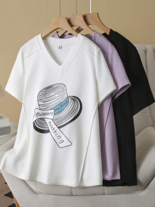 เสื้อยืดคอกลมแขนสั้นพิมพ์ลายกระดูกปลาสไตล์เกาหลีสำหรับผู้หญิงไซส์ใหญ่ ทรงหลวม ผ้าฝ้าย ฤดูร้อน 2025