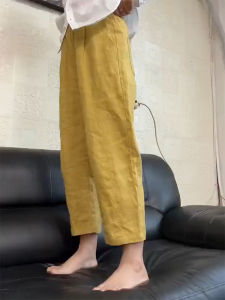 Yellow Linen Harlan Casual Pants Womens Loose Wide Leg High Waist Nine Points Slimming Trousers Comfortable Breathable Korean Style