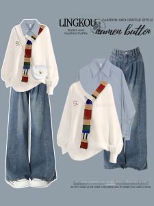 NUMEN BUTTON | Large Size Korean Style Cozy Knit Sweater and Flattering High-Waist Jeans Set