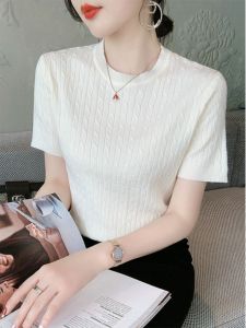 เสื้อไหมน้ำแข็งถักคอตั้งแขนสั้นผู้หญิงฤดูร้อนปี 2025 เสื้อผ้าทำงานสไตล์ใหม่หรูหรา เสื้อผ้าทำงานแบบเข้ารูปบาง