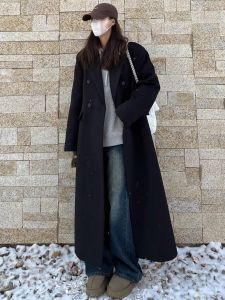 2025 Autumn Winter Ultra Long Suit Style Woolen Coat Womens Thickened Korean High Heel Large Coat Black Long Sleeve Coat