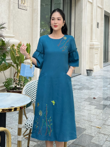 Đầm Linen suông dáng A thêu hoa lá tay bèo dành cho nữ thanh lịch MS112 - Lady Fashion - Khánh Linh Style