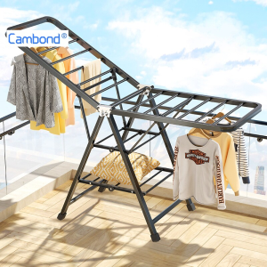 Cambond ราวตากผ้า 2ชั้น พับได้ คาร์บอนสตีล กันสนิม พร้อมล้อ ใช้งานในบ้านและกลางแจ้ง Cloth Drying Rack