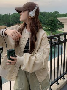 Áo Khoác Ngắn Mùa Xuân 2025 Phong Cách Hàn Quốc Mới Cho Nữ Dáng Rộng Thoải Mái Thường Ngày Bằng Vải Polyester Dài Tay Cổ Tròn Khóa Kéo Màu Trơn